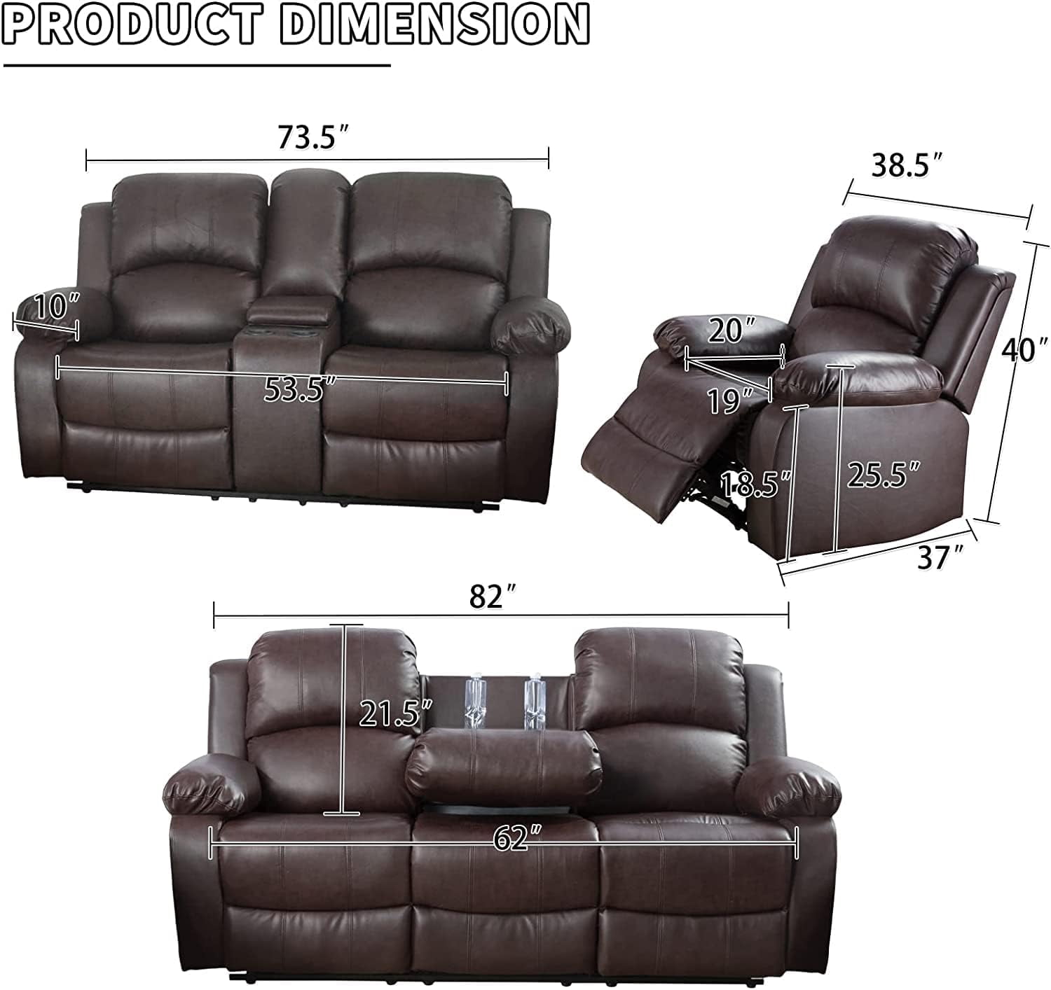 3 Piece Manual Recliner Sofa Couch, Home Theater Seating with Cup Holders, Living Room Furniture Sofa Set for Home Office