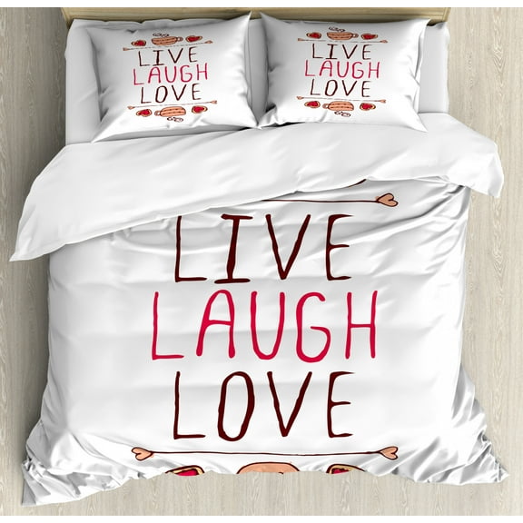 Live Laugh Love Duvet Cover Set Queen Size, Valentine's Day Theme Typographic Banner Heart Shaped Cookies and Tea Cup, Decorative 3 Piece Bedding Set with 2 Pillow Shams, Multicolor, by Ambesonne