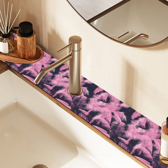 Faucet Mat for Kitchen Sink 30'' Sink Splash Guard Mat Super Absorbent Fast Drying Drain Pad Pink Palm Tree on Black 2 Pack