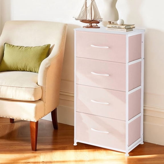 Bigleap 4 Drawers Dresser, Tall Chest Dresser & Fabric Storage Tower with Wood Top for Bedroom, Living Room, Hallway,Pink
