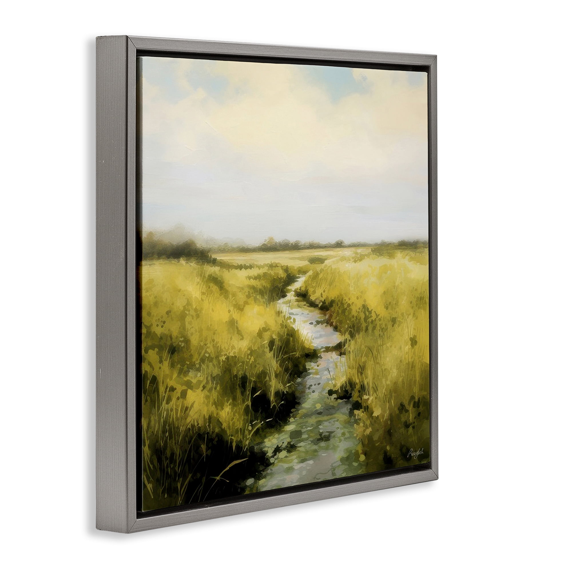 Stupell Industries Calming Horizon Stream Landscape & Nature Painting Gray Floater Framed Canvas Art Print Wall Art, 18 x 18