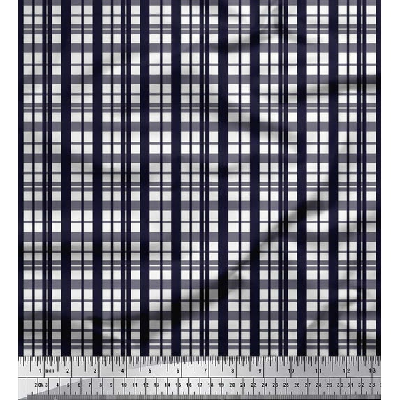 Soimoi Blue polyester Crepe Fabric Plaid Check Printed Fabric 1 Yard 52 Inch Wide