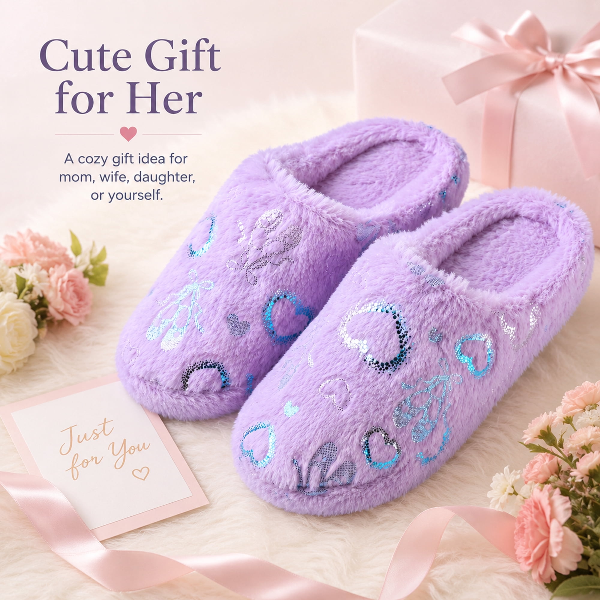 Aerusi Women’s Fuzzy Heart House Slippers, Closed Toe Slip-On Warm Plush Indoor Outdoor Shoes, Non-Slip Sole