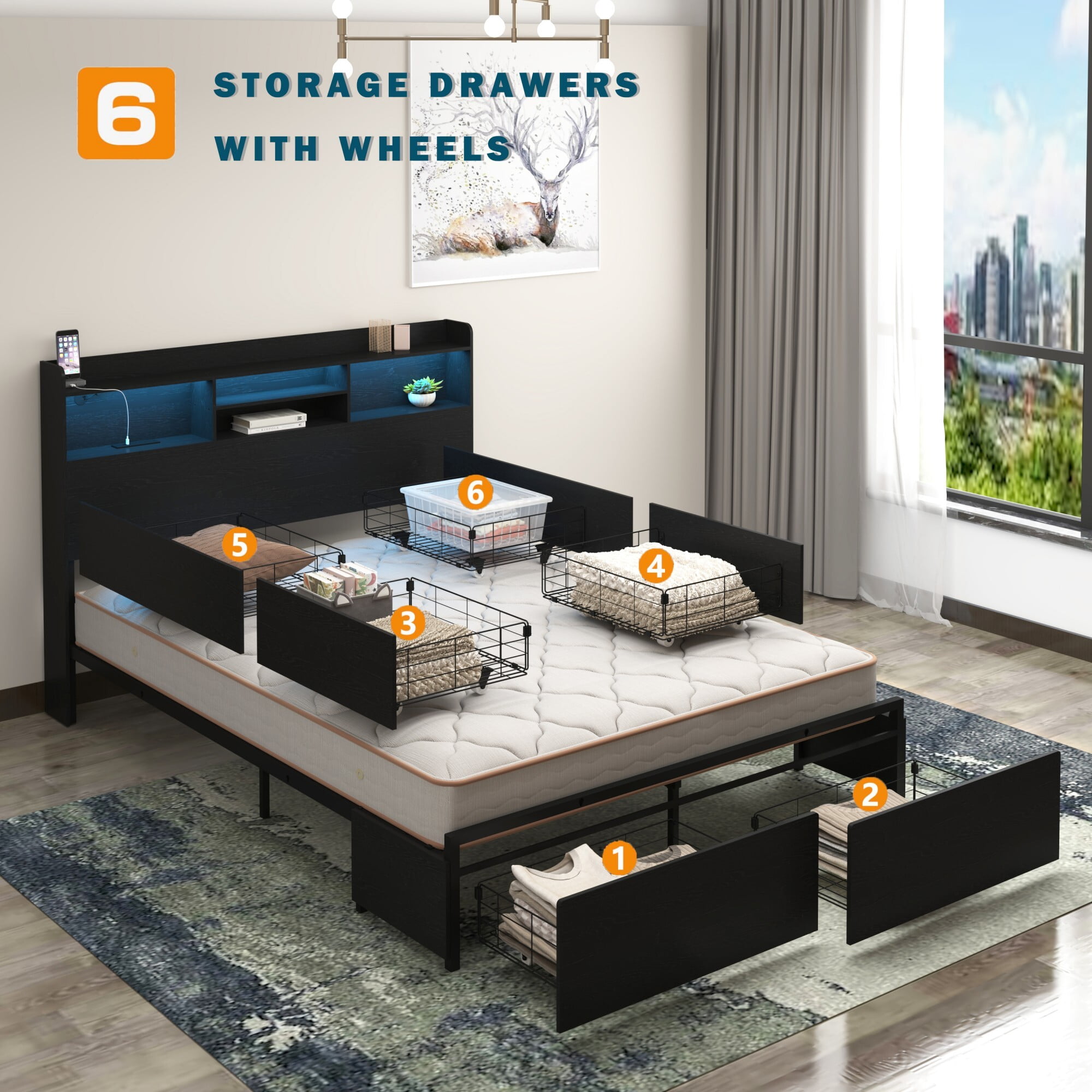 AENKYO Full Size Bed Frame with 6 Storage Drawers & LED Lights - Storage Headboard with Charging, Noise-Free, Black