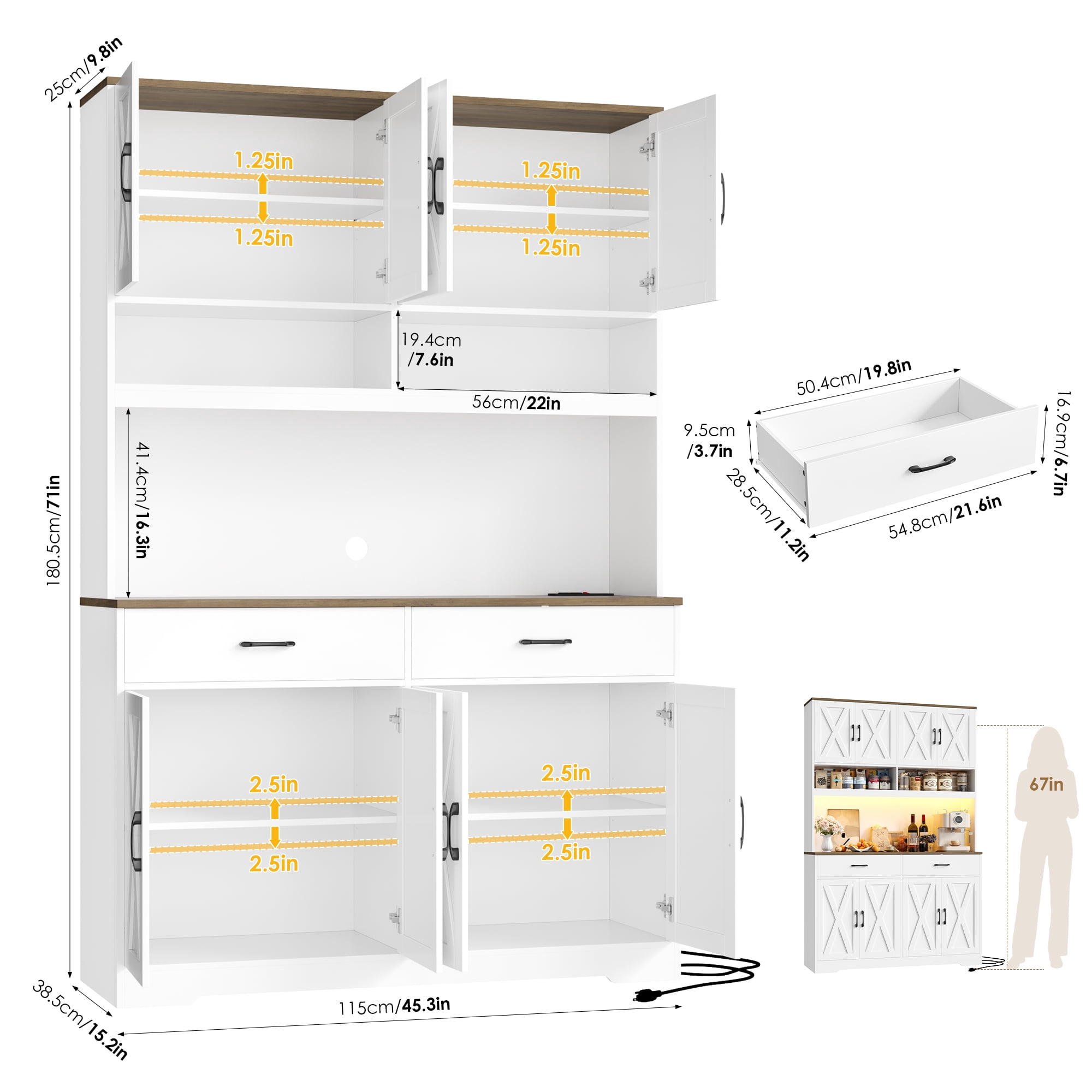 Hiphuta Farmhouse Kitchen Pantry Storage Cabinet, 71”H Freestanding Hutch with 8 Doors and 3 Drawers for Dining and Living Room, White