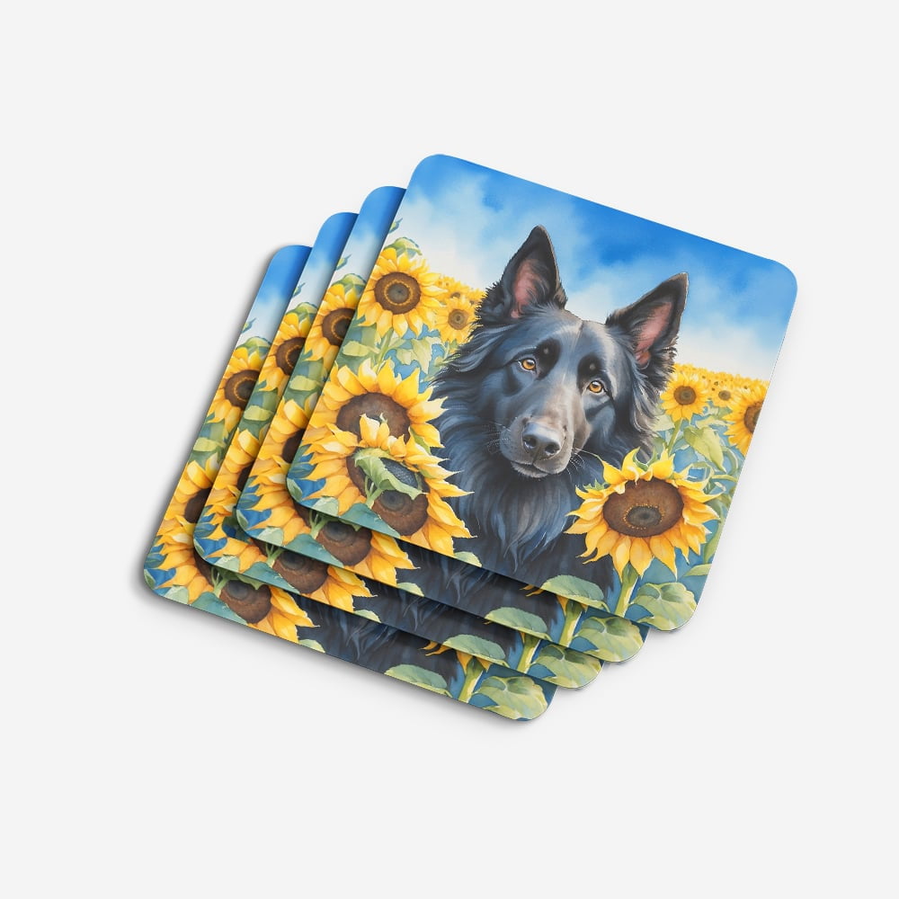 Belgian Sheepdog in Sunflowers Foam Coasters 3.5 in x 3.5 in