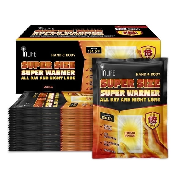 Inlife Super Size Super Warmer for Hands and Body, Heating Wider Area, Air-Activated, Consistently Long Last for 18 Hours, Odorless, 20 Packs