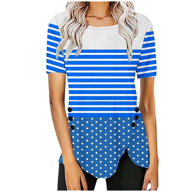 Blusas de Manga Corta para las Mujeres, Botón Impreso Casual Abajo Cuello Redondo Superior, Tela de Imitación Ligera