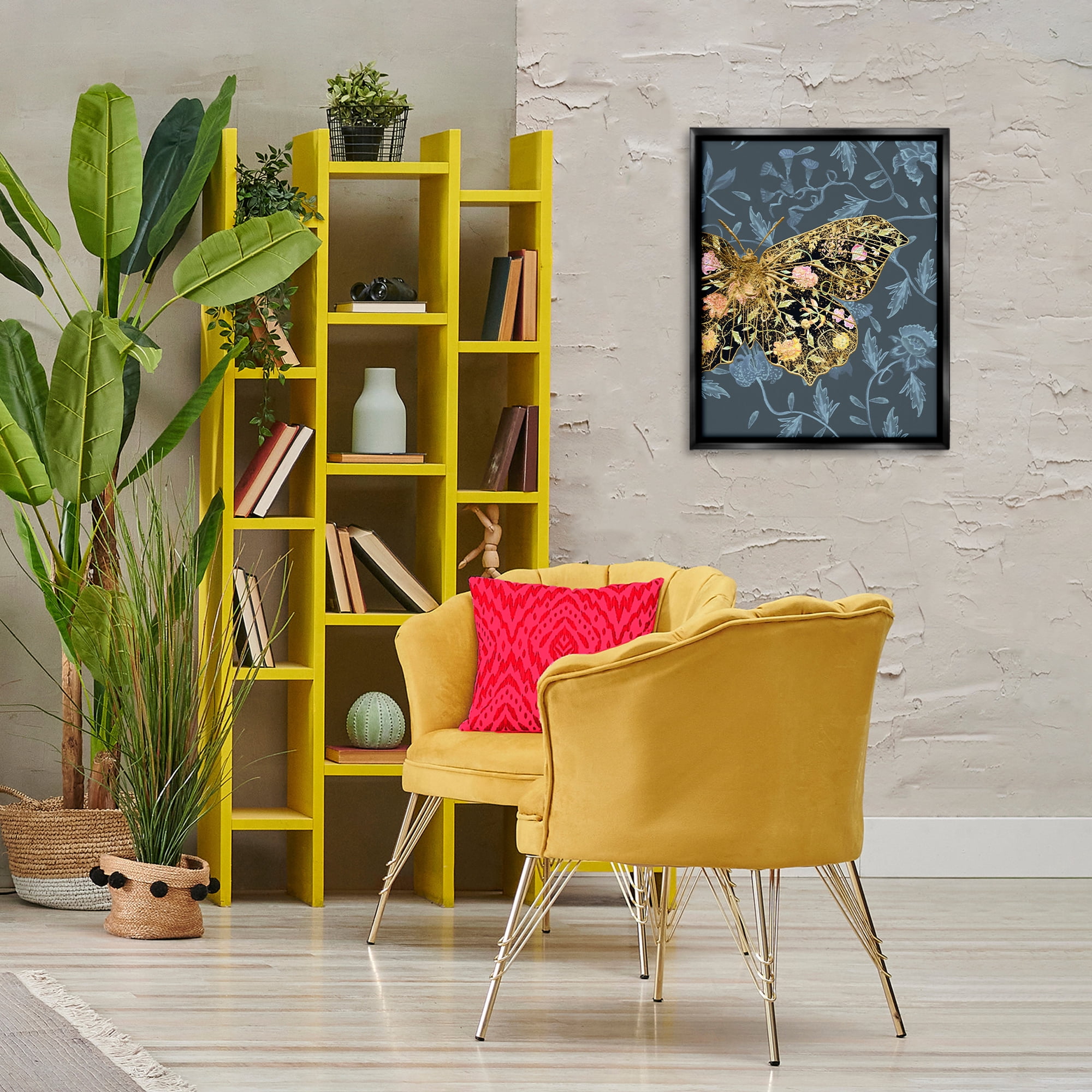 Stupell Industries Blue & Gold Butterfly Animals & Insects Painting Black Floater Framed Canvas Art Print Wall Art, 17 x 21
