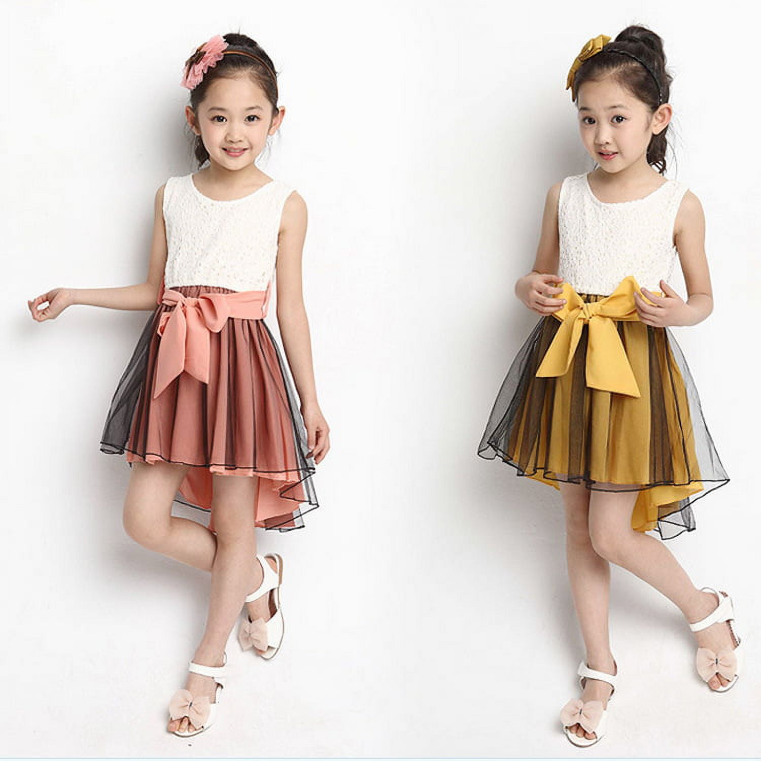 K-Cliffs Toddler/Little Girls High-Low Hem Lace Dress Chiffon Tulle Bottom, Yellow 6Y