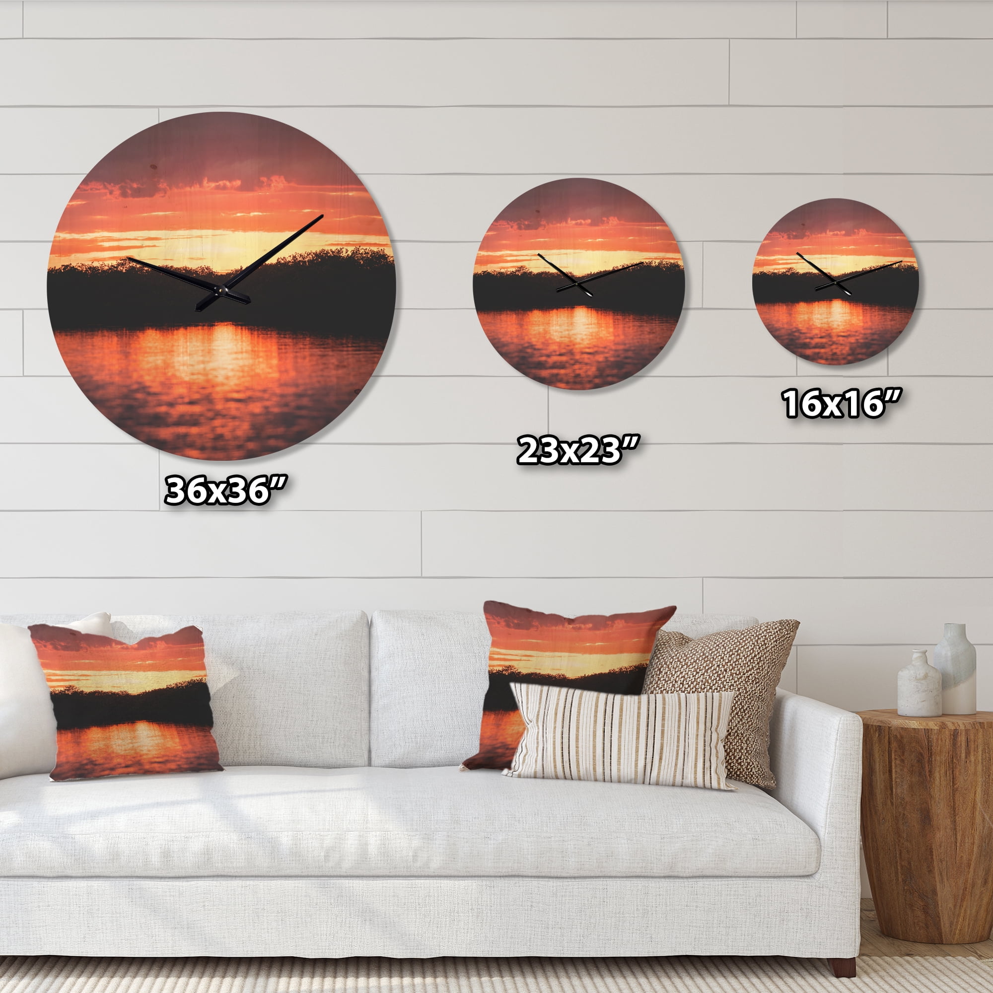 Designart 'Sunset Lights on Tropical Lagoon ' Farmhouse Wood Wall Clock
