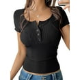 thumbnail image 3 of Women'S Summer Short Sleeve V Neck T Shirts Casual Button Henley Knit Tops Blouse Black L, 3 of 8