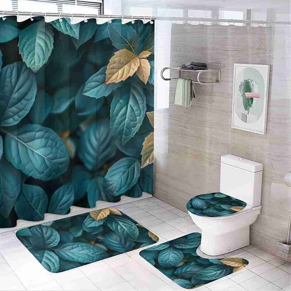 4-Piece Teal and Gold Leaf Shower Curtain Set, Waterproof Polyester Fabric with Hooks and Bath Mats for Bathroom Decor