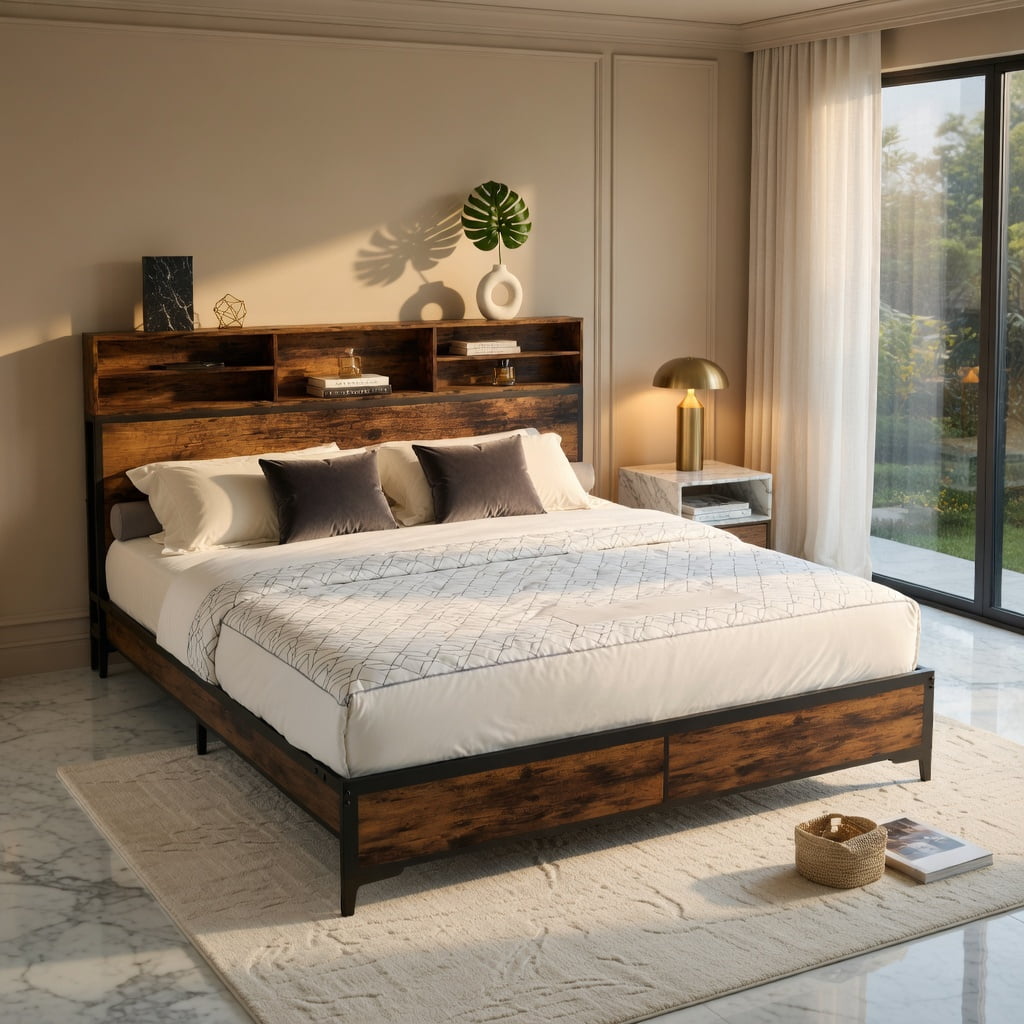 Demi Bonn King Size Bed Frame with Wooden Headboard and Footboard, Industrial Metal Platform Bed Frame with Under Bed Storage, No Box Spring Needed, Brown