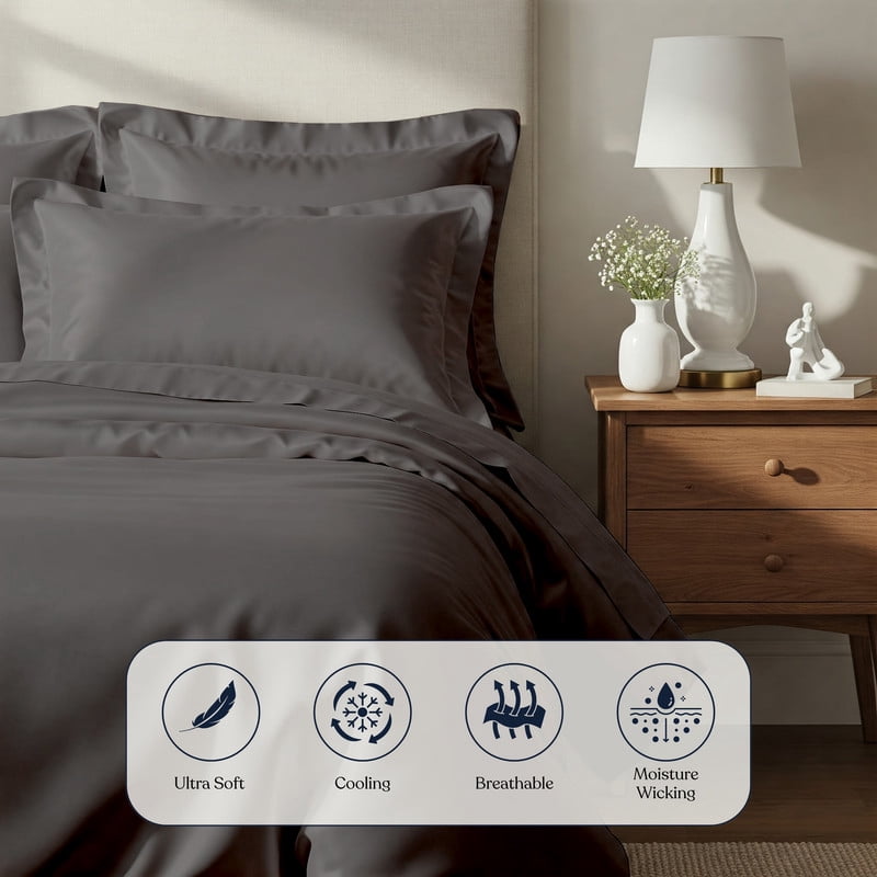 Delara 100% Bamboo Viscose Twin Duvet Cover Set – Ultra-Soft, Cooling & Breathable Luxury Bedding with Pillow Shams, Dark Gray