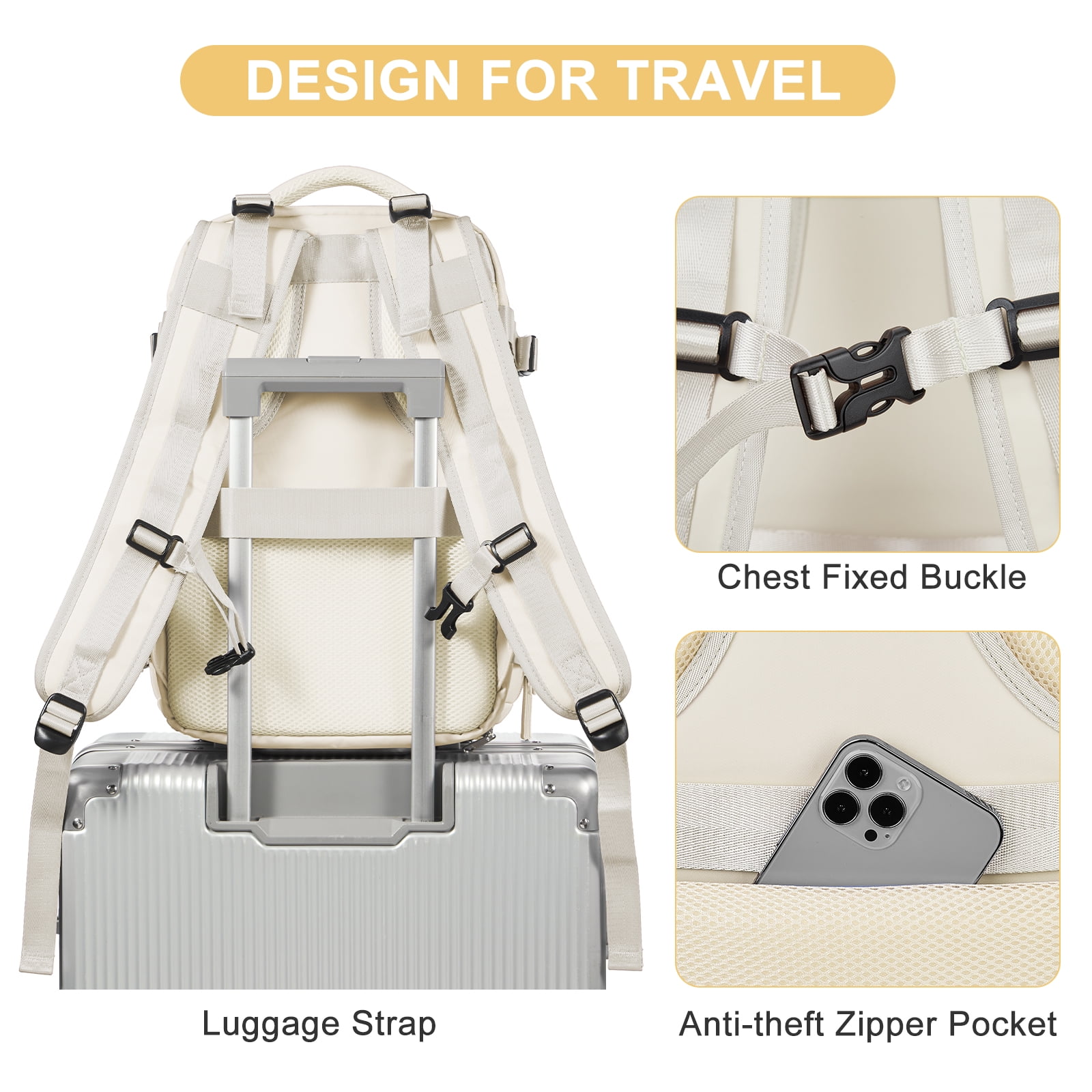 SYCNB Carry On Airplane Approved Waterproof Travel Backpack, Large Daypack with Shoes Compartment & Laptop Sleeve for Women & Men, Hiking & Casual, Beige Flight Personal Item Bag