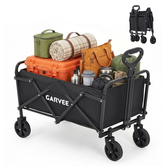 Folding Utility Wagon Cart, 120L Large Capacity 176LBS Heavy Duty Trolley with 360° All-Terrain Wheels & 90° Rotatable Handle, Lightweight Grocery Cart for Camping Beach Garden Shopping, Black