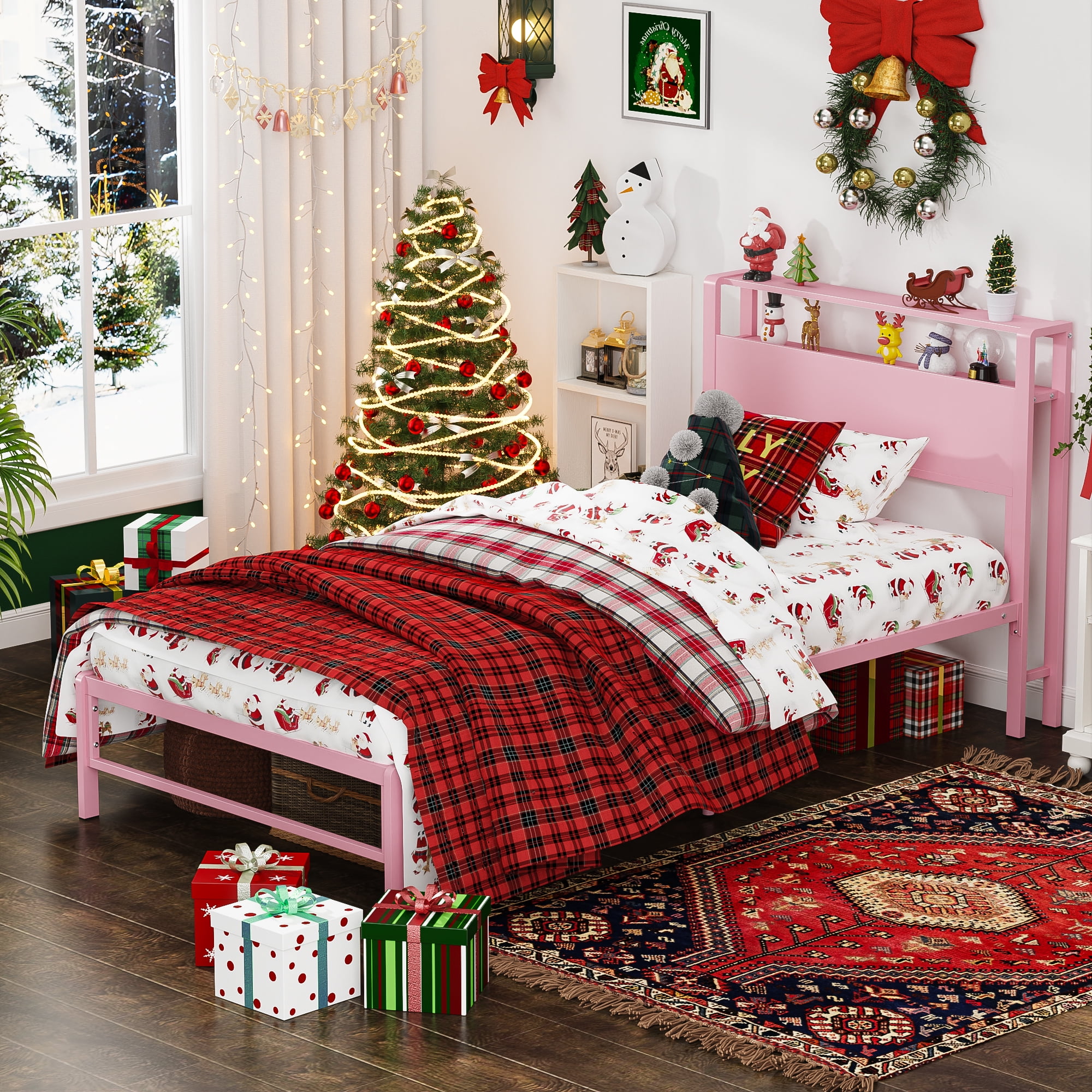 Yoneston 12" Twin Metal Bed Frame with 2-Tire Storage Headboard for Girls, Heavy Duty Platform Bed Frame Bedroom Furniture, Pink