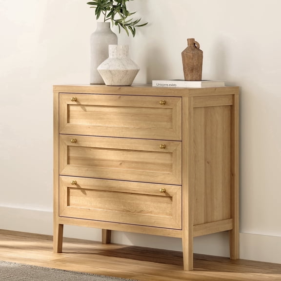 EYYTHUNG 3 Drawer Dresser Modern Chest of Drawers Cabinet Wood Tall Nightstand with Golden Handles, Natural Oak