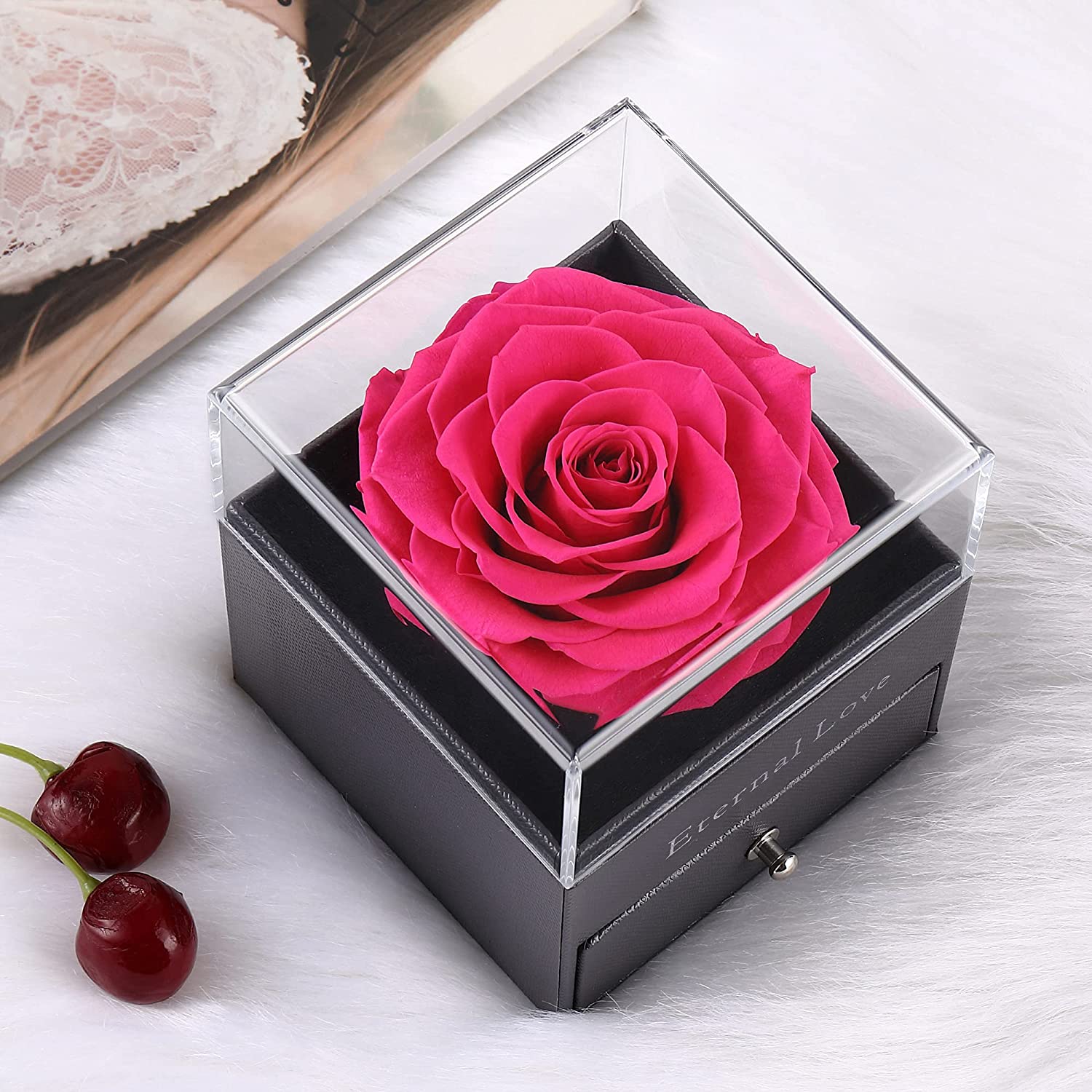 Preserved Real Rose with Silver-Tone Heart Necklace I Love You in