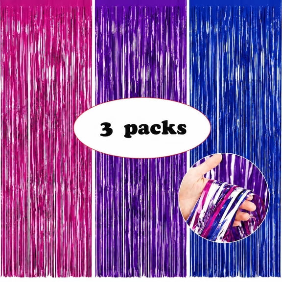 Mawzewo Metallic Tinsel Fringe Curtains Backdrop Streamers, Purple Blue Pink, for Birthday Baby Shower Wedding