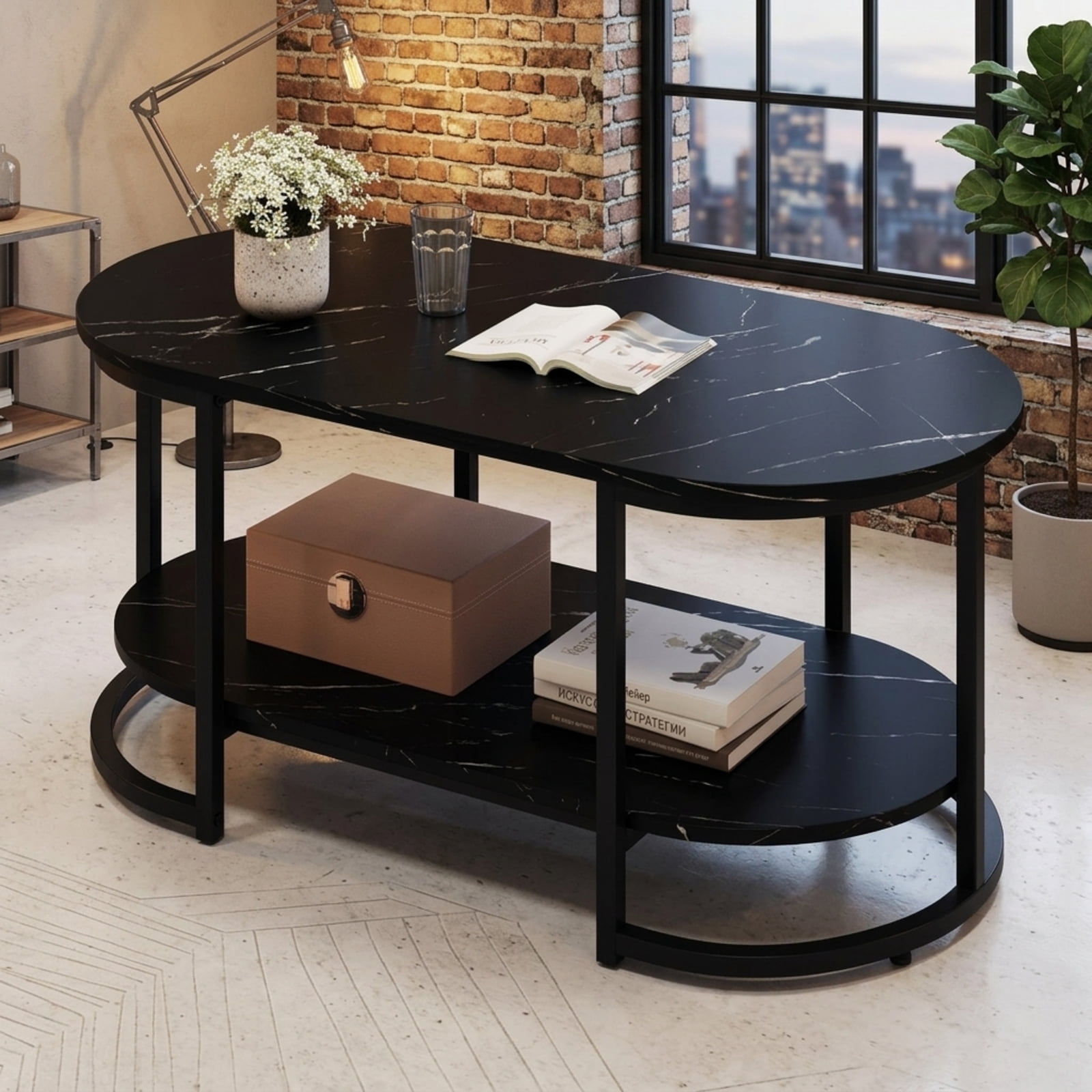 Furnibear 2-Tier Faux Marble Coffee Table with Open Storage Shelf and Powder-Coated Metal Frame for Living Room and Reception Room, Black