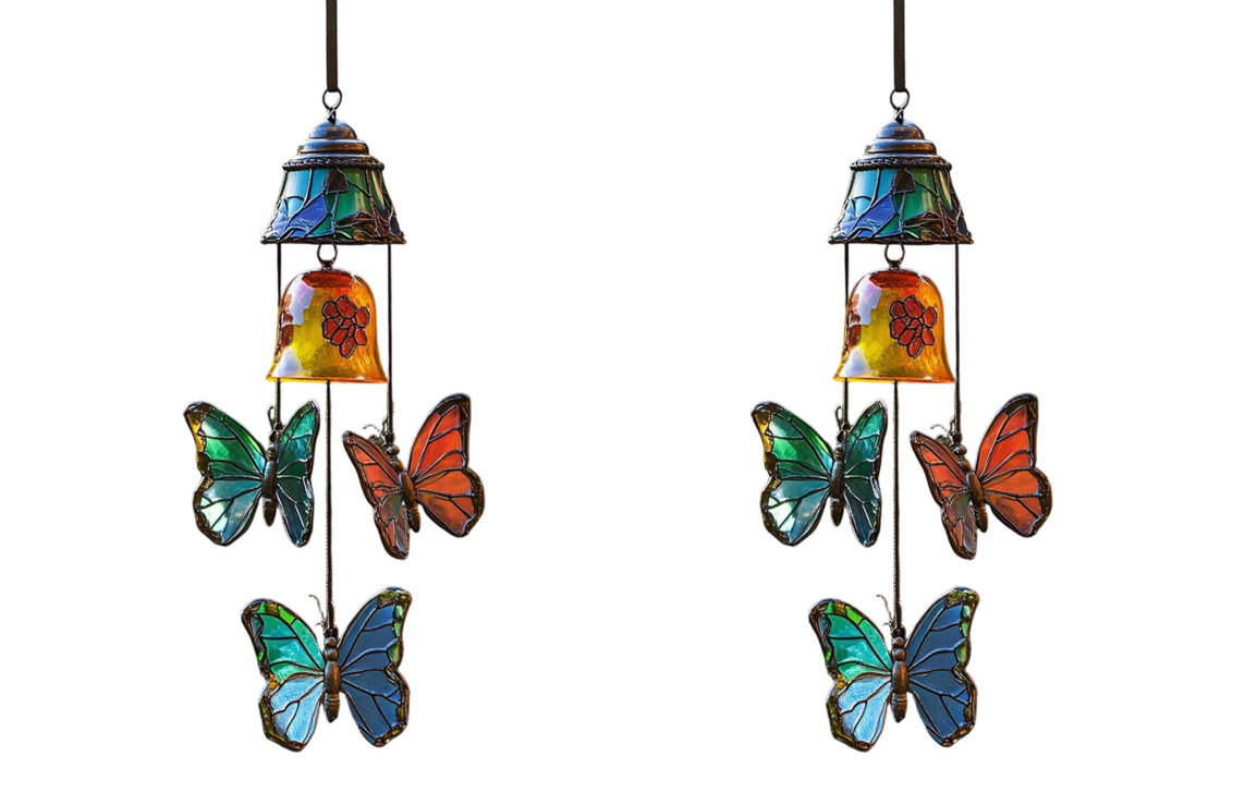 2PC Stained Glass Butterfly Wind Chime With Bells, Vintage Style Hanging Wind Bell for Outdoor Garden Patio, Colorful Butterfly Decor Wind Chime, Great Gift for Mom Grandma Nature Lovers