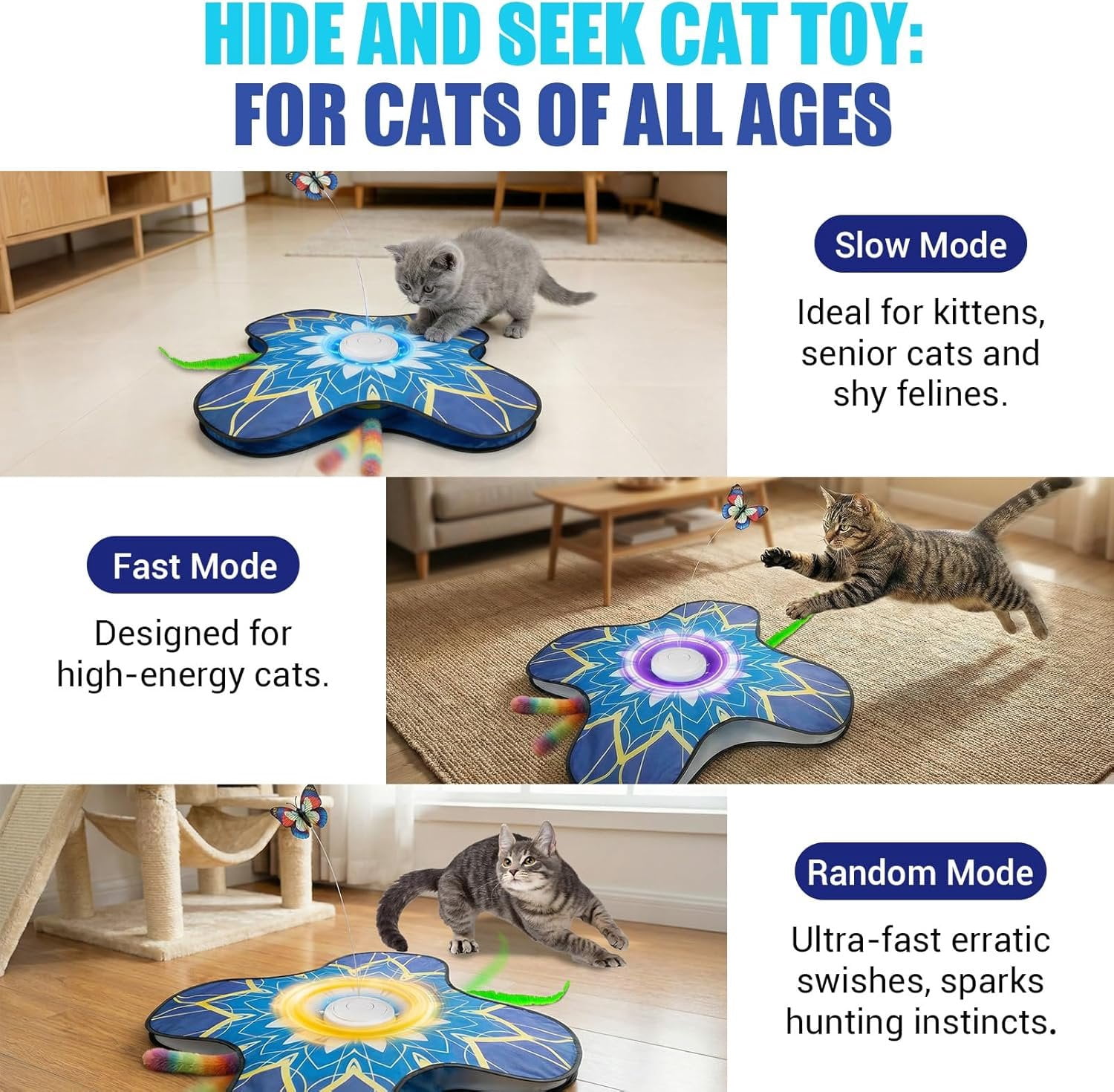 Interactive   for Indoor Cats,  Activated Automatic    with Sound /Off, Dual Wands, Non-Slip Suction Cups, Rechargeable  and Seek  Play Mat for Bored Adult Kittens