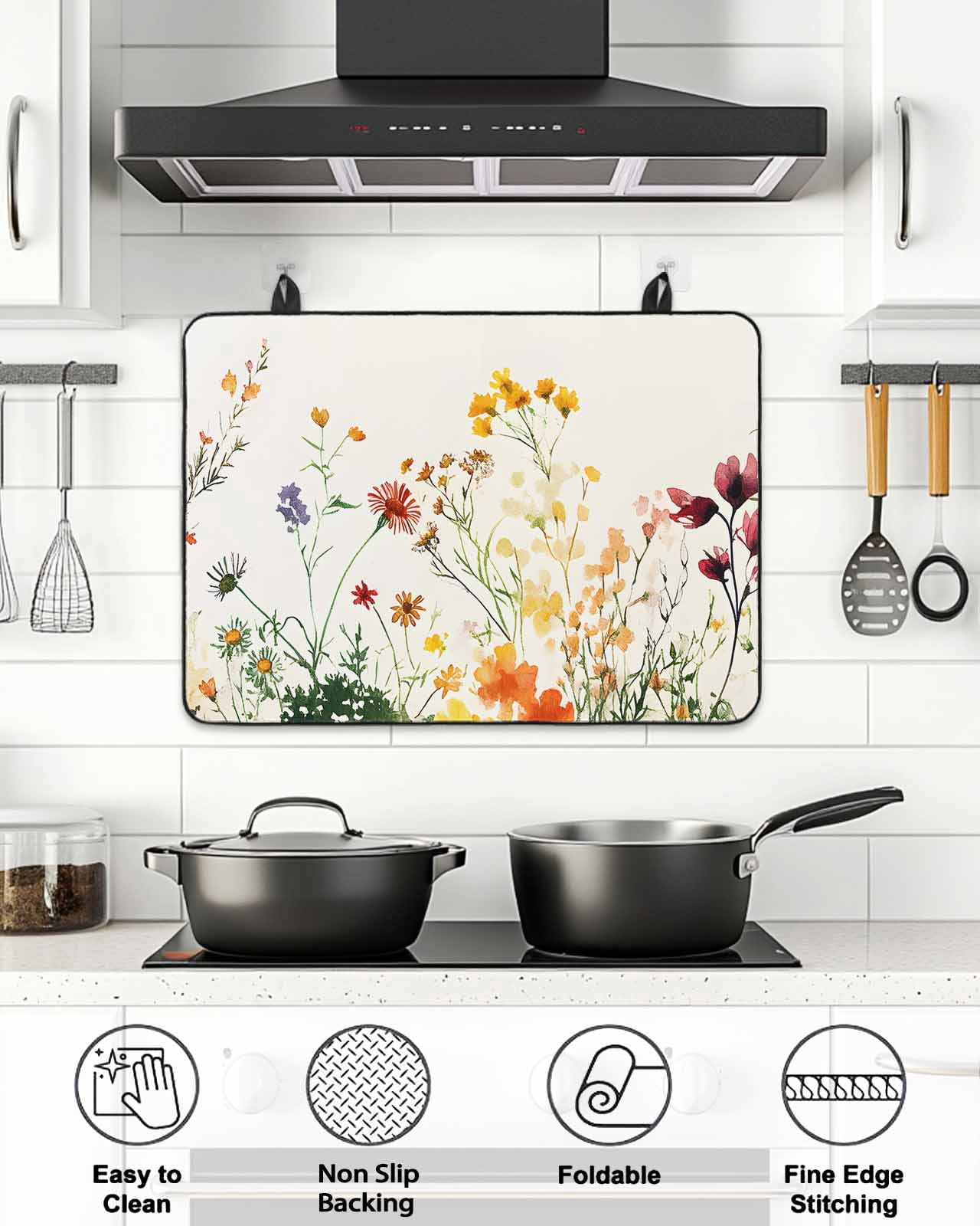 Stove Top Covers for Electric Stove, Beige Floral Spring Glass Stovetop Cover Protector, Vintage Farmhouse Flowers Induction Cooktop Protector Oven Mat for Kitchen Countertop 24"x21"