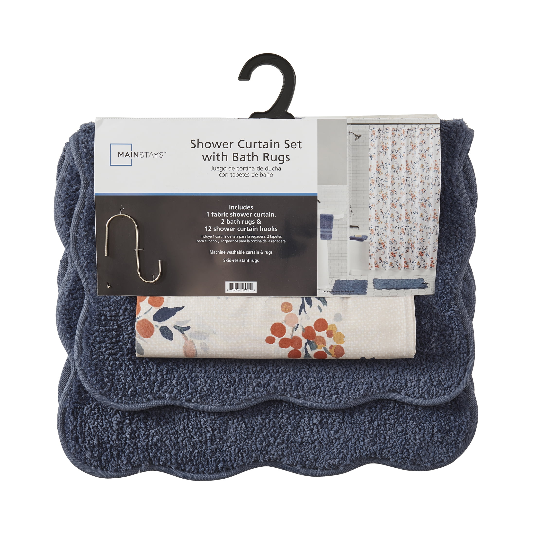 Mainstays 15-Piece White & Multi Farmhouse Floral Bird Bathroom Set – Shower Curtain, Bath Rugs & Hooks with Bird & Vine Print