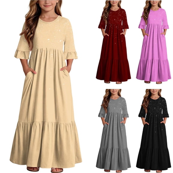 Mifsaly Little Girl Dresses Ruffle Half Sleeve A-Line Tiered Long Dress Comfortable Flowy Casual Summer Beach Sundress with Pockets