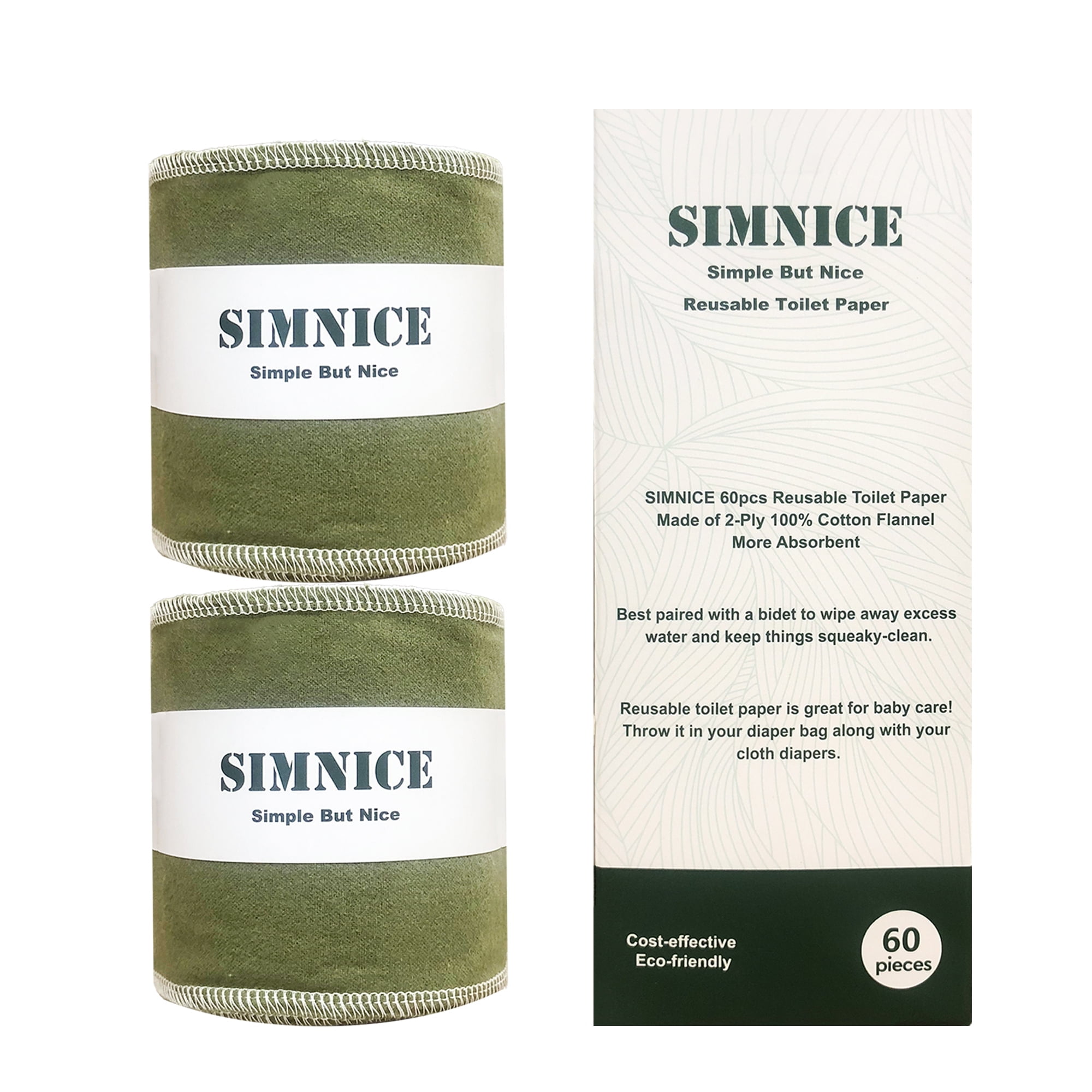 Simnice Reusable Toilet Paper Cloth — 60 Pack Reusable Toilet Paper Washable Roll，Cotton Flannel Bidet Towels Wipes Absorbent