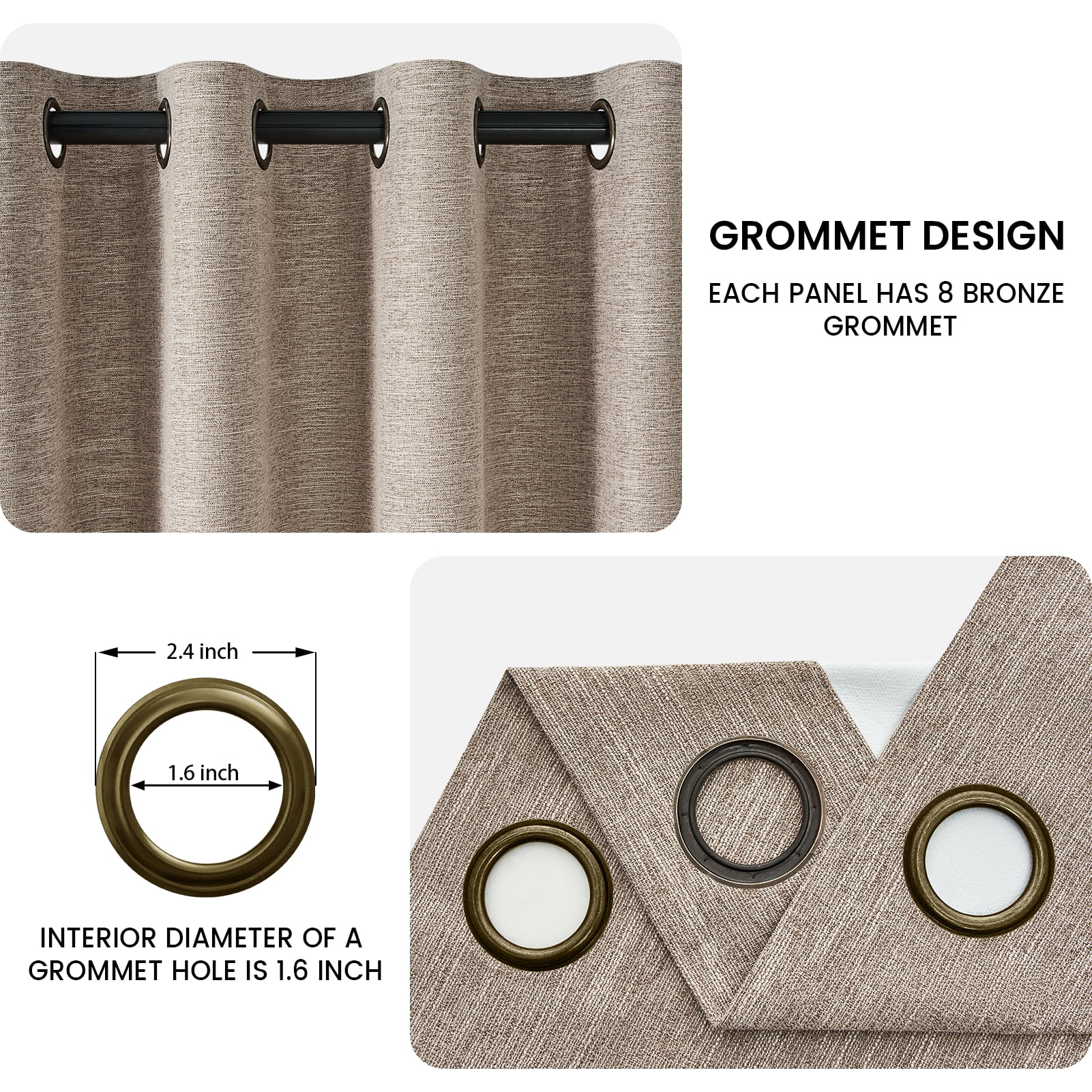 Top Finel Grommet Top Blackout Curtains, Dark Flax, 52" x 90", 2 Panels
