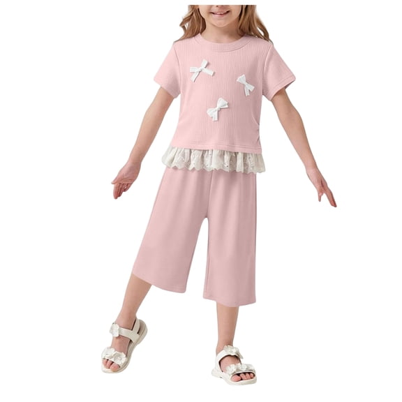 Karoyedx Girls Summer Clothes Girls Clothes Summer Short Sleeve Print Top Flared Pants 2PCS Set Little Girl Outfits Pink Size,6-7 Years