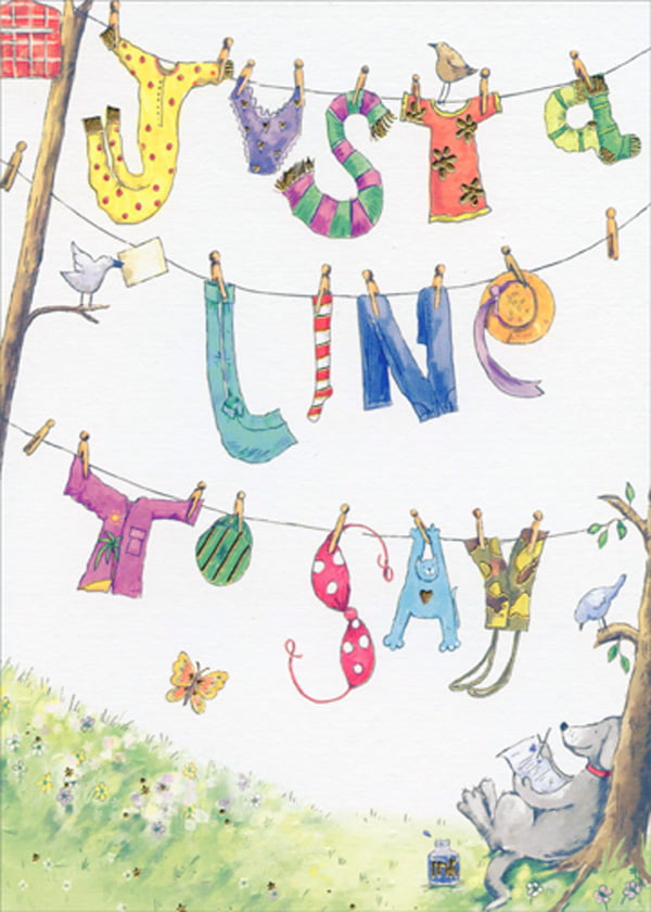 Details about   Designer Greetings Clothes Hanging on Lines Dog Writing Letter Hello Hi Card 