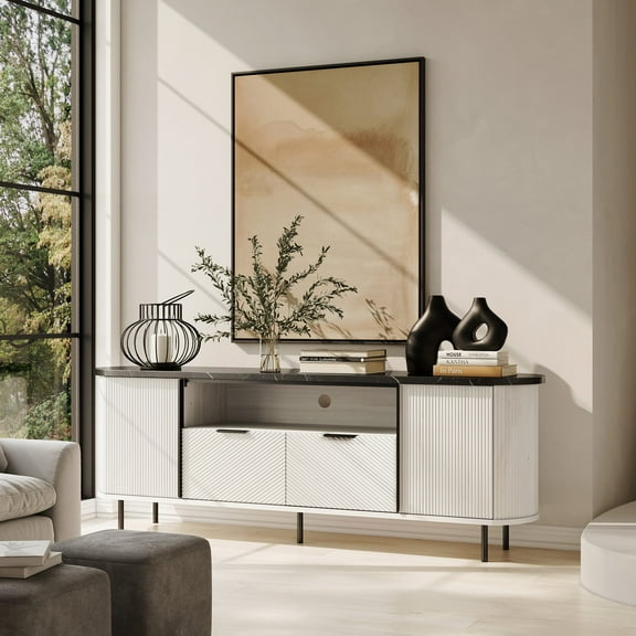 BELLEZE 68 inch Fluted TV Stand With Marble-Look Panel, Modern Chic Entertainment Center With Storage For TVs Up to 75 inch, Media Console Tv Cabinet For Living Room (White Sand)