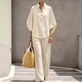 thumbnail image 2 of Women's Waffle Sets 2 Piece Batwing Sleeve Button Down Shirt Pants Outfit Casual Summer Vacation Clothing Beige S, 2 of 7