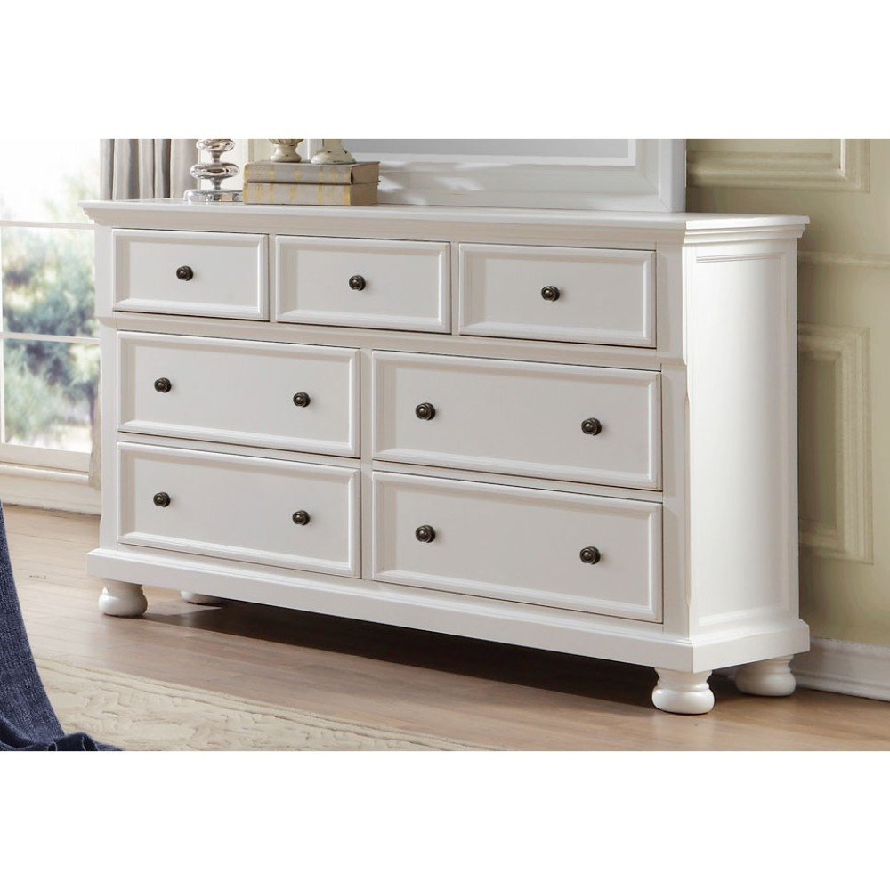 Transitional Style Seven Drawer Wooden Dresser with Round Bun Legs