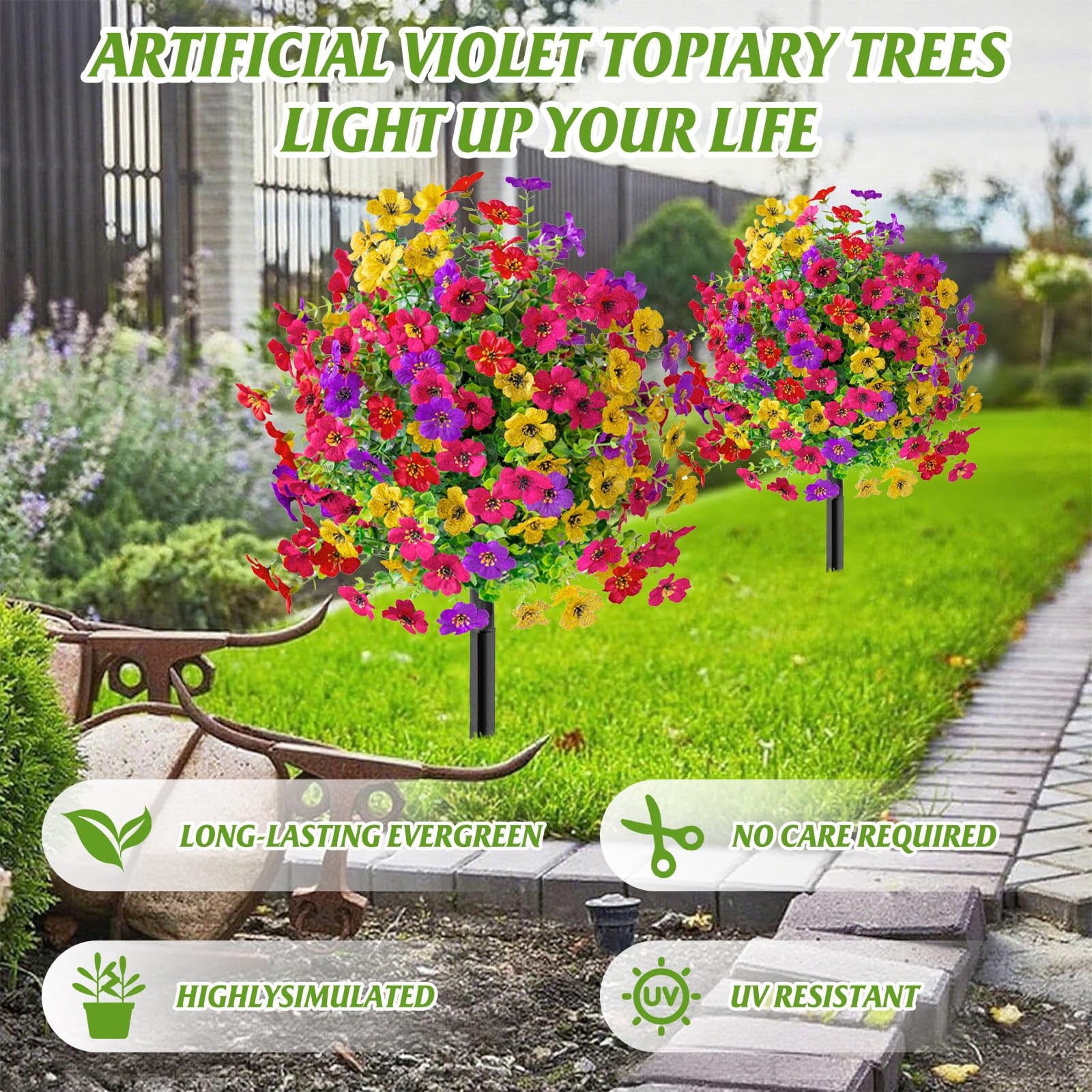 Artificial Daisy Topiary Ball Trees, 2 Set of 20.1'' Silk UV Colorful Resistant Realistic Faux Flowers with Ground Spike, Fake Plants for Planter Porch Patio Yard Garden