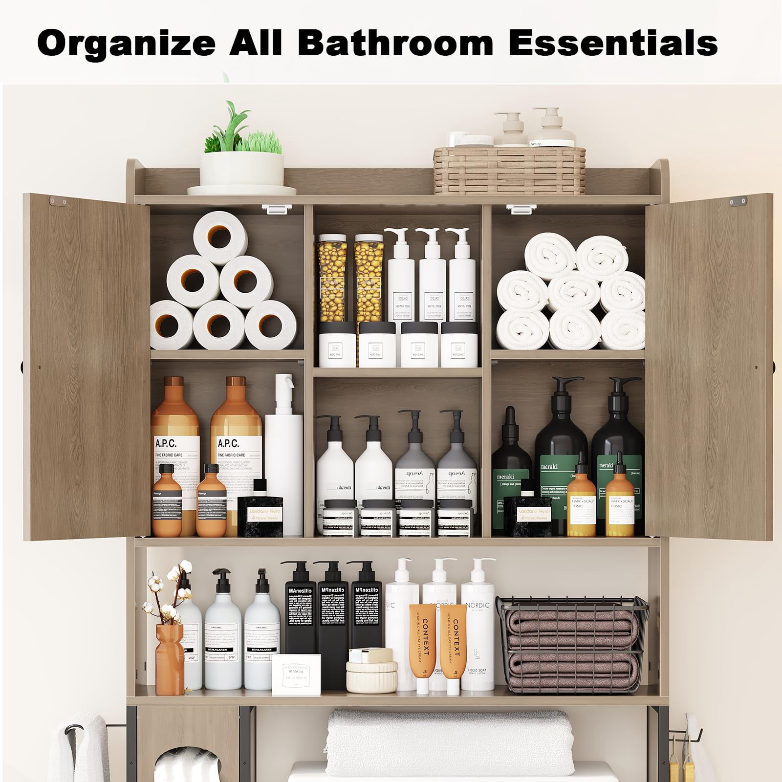 POAO Over the Toilet Storage Cabinet with Metal Frame &7 Storage Shelves,Bathroom Storage Organizer with Adjustable Shelves &Paper Holder,Oak Grey