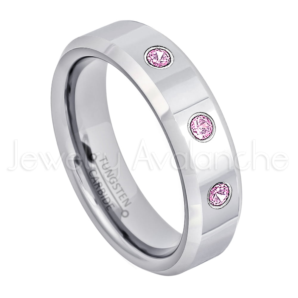 0.21ctw Pink Tourmaline 3-Stone Titanium Ring October Birthstone Ring 7MM Comfort Fit Polished Dome White Titanium Wedding Band