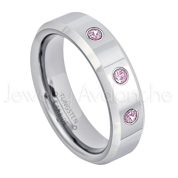 6mm Ladies Polished Beveled Tungsten Ring - 0.21ctw Pink Tourmaline 3-stone Band - Personalized Tungsten Wedding Ring - Custom Made October Birthstone Ring TN048BS
