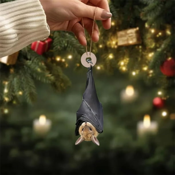 Adorno navideño de murciélago colgante boca abajo | Decoración gótica de Halloween | Adorno de murciélago negro de 8 cm para árbol y repisa