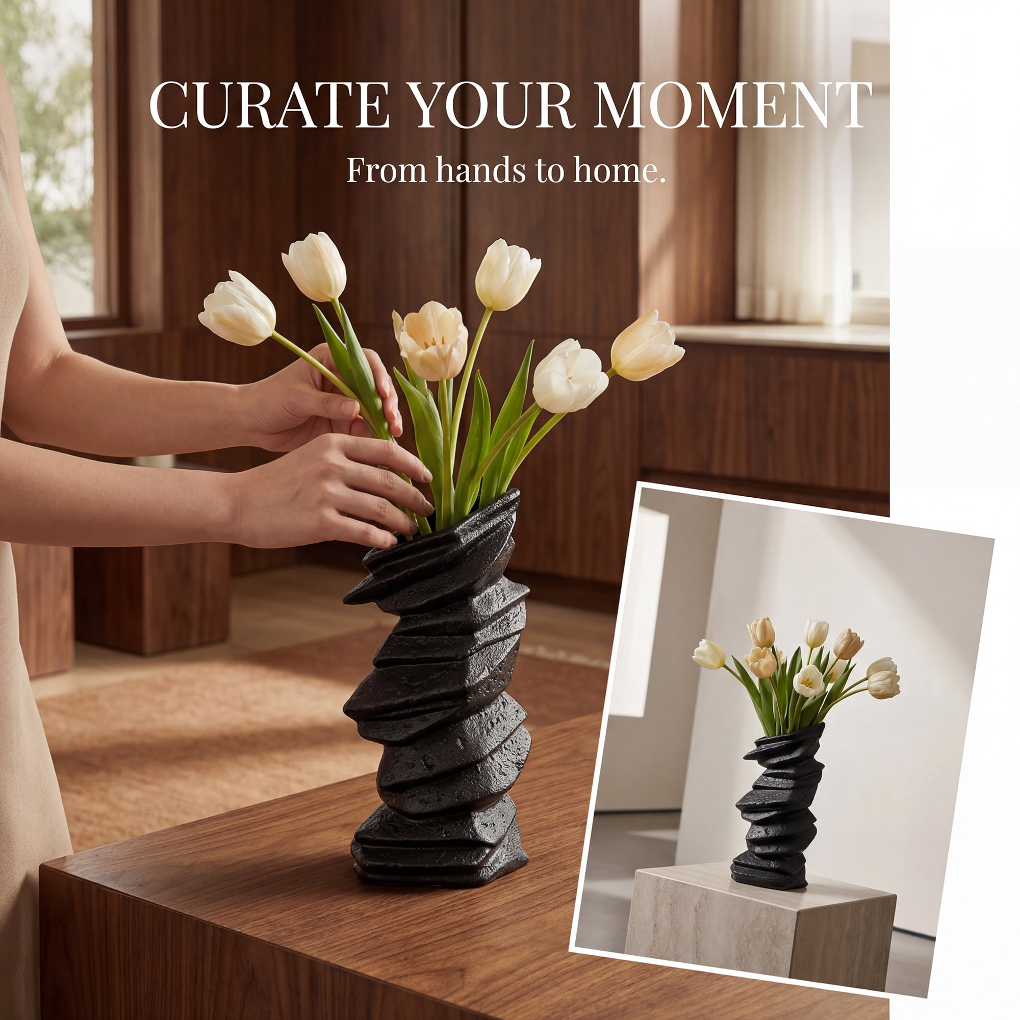 Unique Bargains Modern Ceramic Vase for Home Decor Matte Ribbed Flower Vase Black 4.6