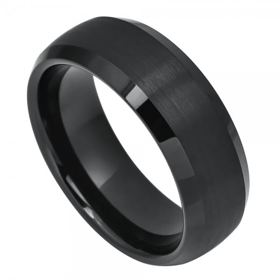 8mm Tungsten Black IP Plated Domed Brushed Center High Polished Beveled Edge Wedding Band Ring For Men Or Ladies