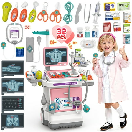 UUSUOO Doctor Kit for Toddlers 3-5,32PCS Doctors Role Play Set Toy,Pretend Medical Station Toy Set with Realistic LED Lights & Sounds,Christmas Boys & Girls Gift for Ages 3-8,Pink