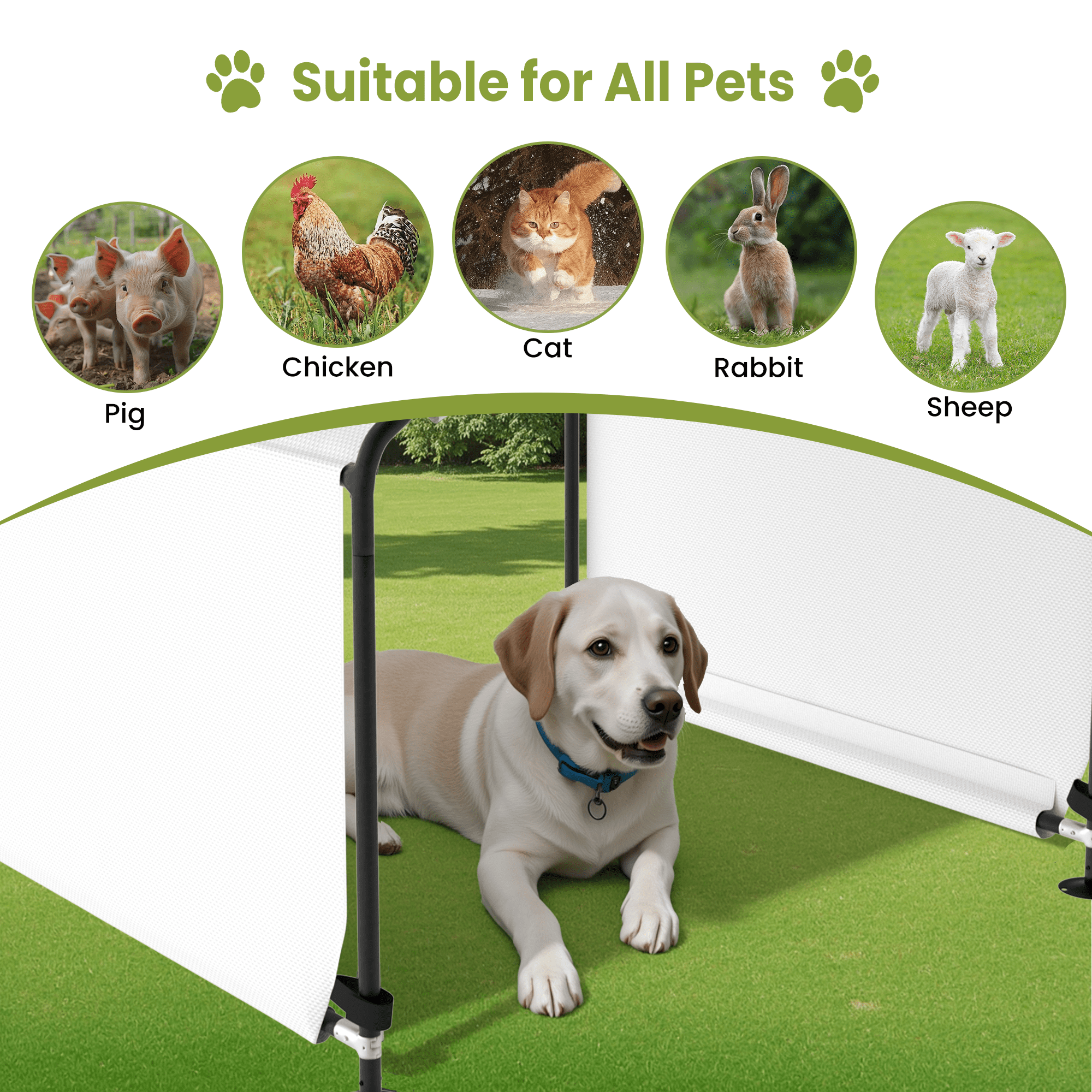 Outdoor Dog Shade Shelter 4'x4'x3' Portable Dog Tent Sun Rain Canopy for Outside Pet House for Large Medium Dogs, Cats, Pigs w/ Waterproof Roof, Ground Nails, White