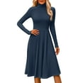 thumbnail image 2 of Women's Casual Fashion High Neck Long Sleeve Solid Color Midi Dress, Fall and Winter Comfortable Dress for Casual Outings, Soft and Breathable Fabric,Navy,3XL, 2 of 7