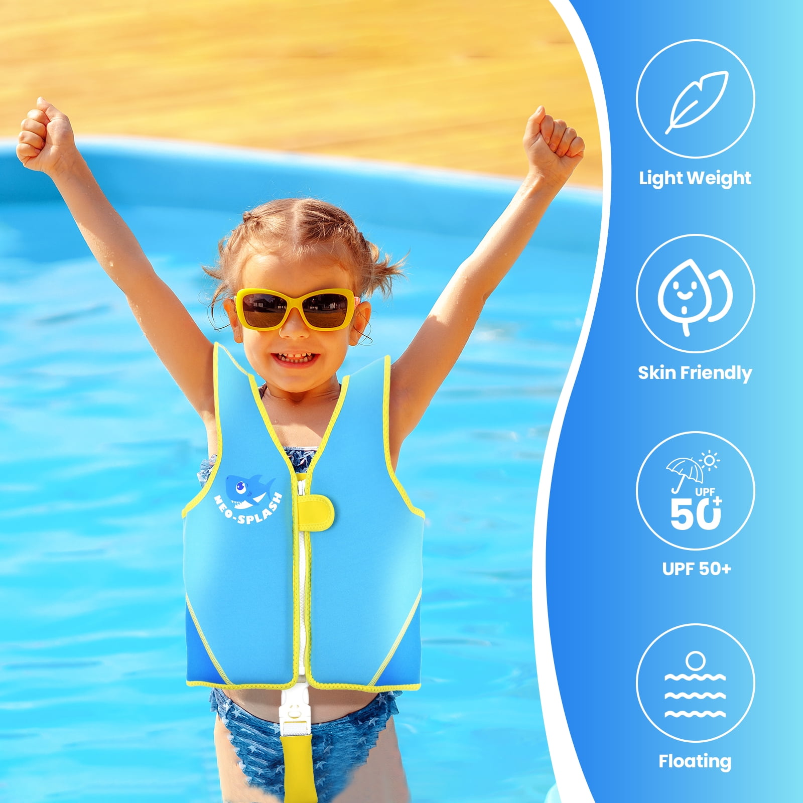 NEO-SPLASH Toddler Swim Vest, Neoprene Life Jacket for Kids Ages 3-6 (41.8-66.1 lbs), Blue Shark