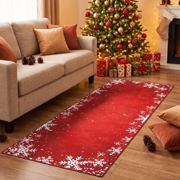 ICEANT 2x6 Christmas Long Hallway Runner Rug, Xmas Kitchen Runner Rug Washable Floor Carpet, Snowflake Decorative Indoor Throw Rug Non-Slip Rug for Bedroom Living Room Kitchen, Red